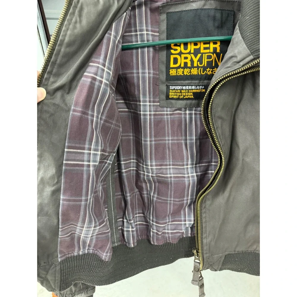 Superdry Safari Wax Harrington Jacket Charcoal Grey Plaid Lined Kids Medium